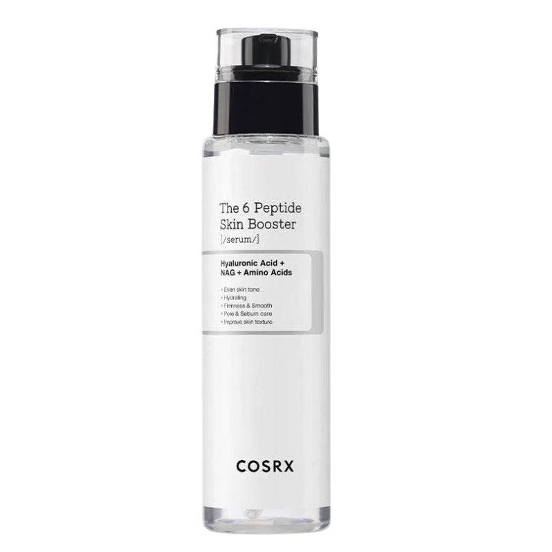 COSRX The 6 Peptide Skin Booster serum in a clear cylindrical bottle with a black pump dispenser and a white label, shown on a plain white background.