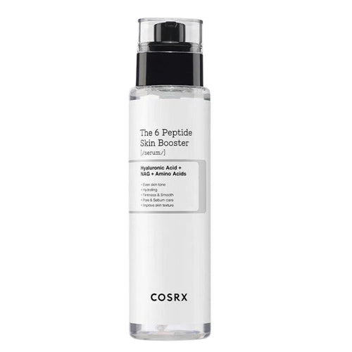 COSRX The 6 Peptide Skin Booster serum in a clear cylindrical bottle with a black pump dispenser and a white label, shown on a plain white background.